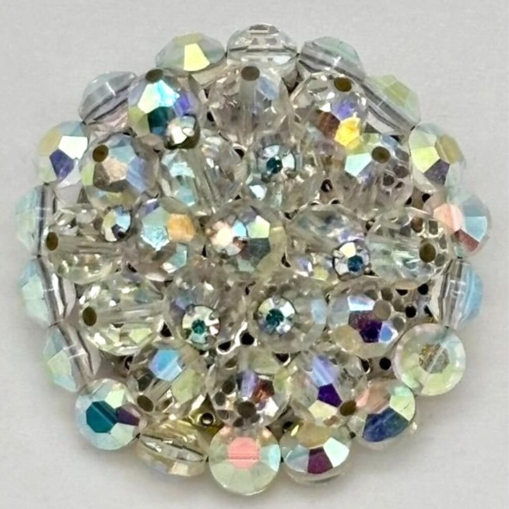 Vintage Brooch Pin Faceted Rondelle and Round Crystals Aurora Borealis, Unsigned